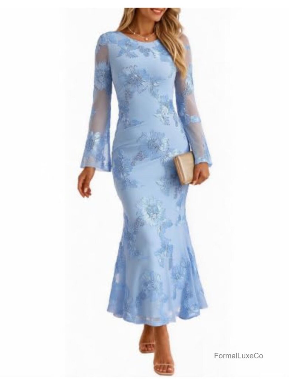 Long Sleeve Embroidered Floral Maxi Dress Mesh Mermaid Wedding Guest